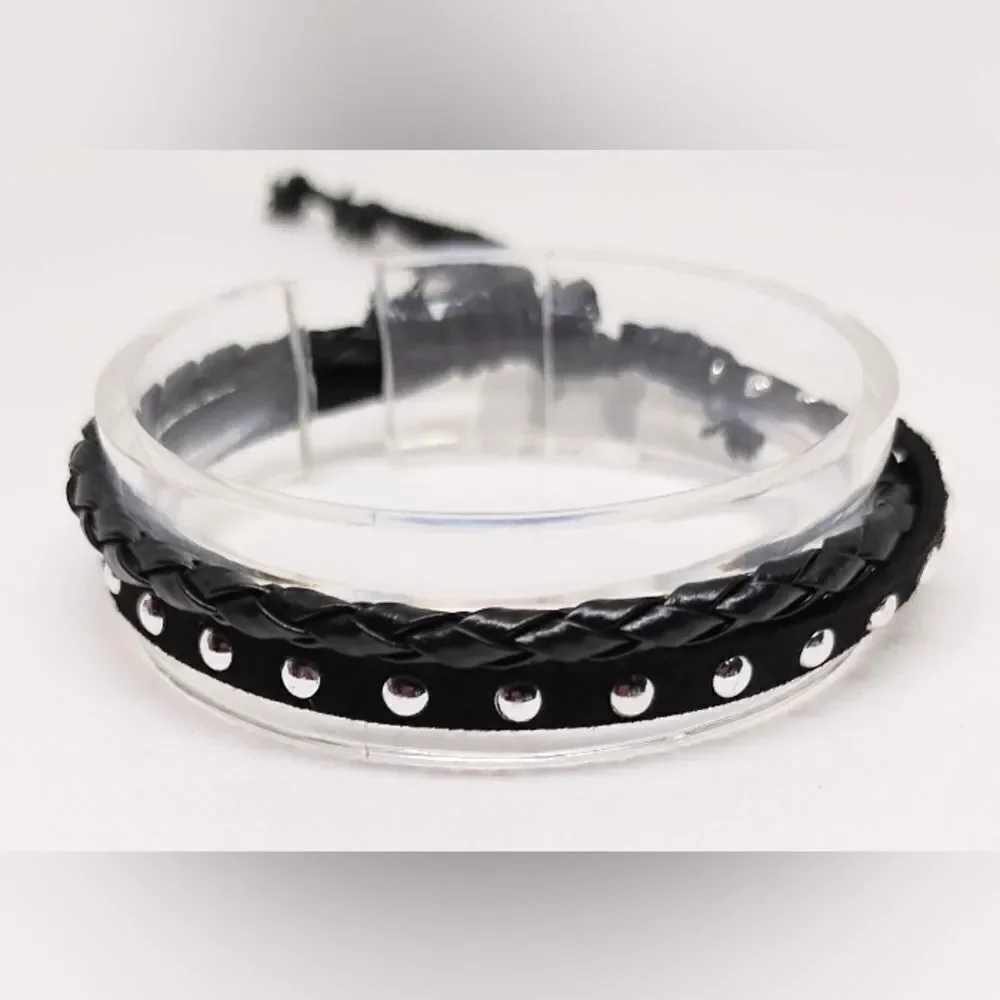Men's bracelet leather layered braided black‎ new e38